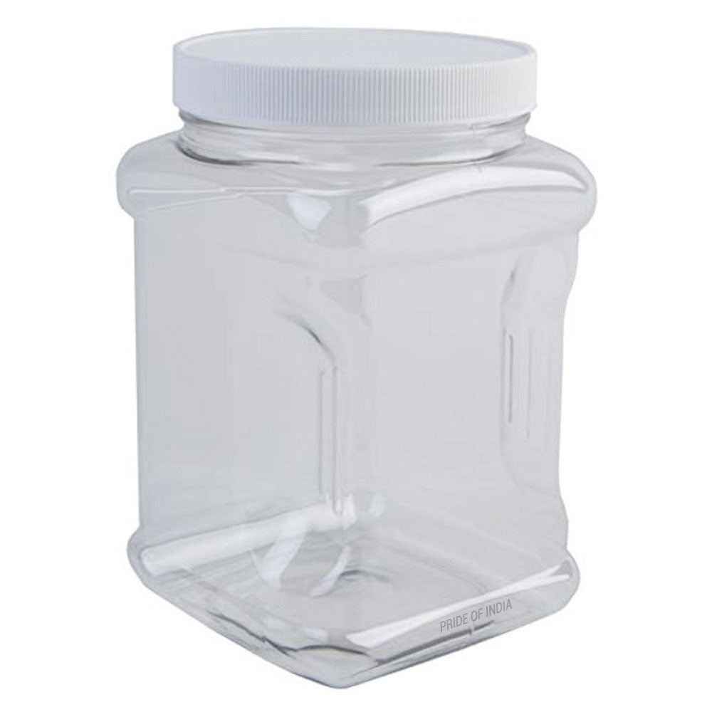 Clear plastic jar with a white lid on a white background