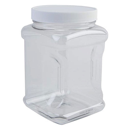 Clear plastic jar with a white lid on a white background