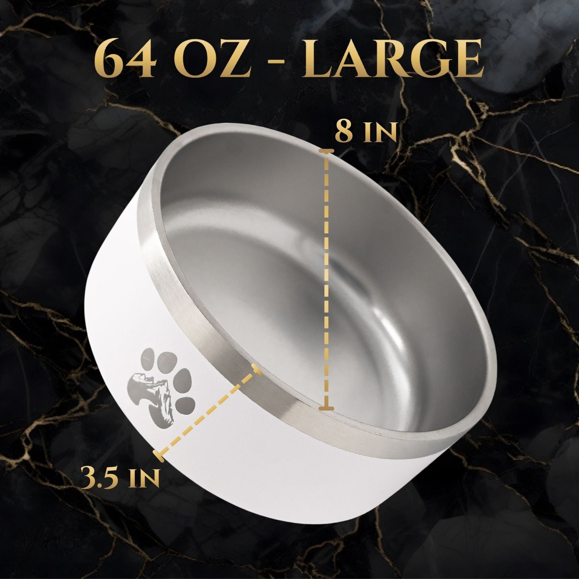 Large stainless steel dog bowl with measurements on a dark background