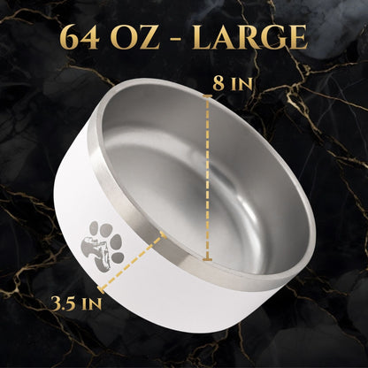Large stainless steel dog bowl with measurements on a dark background