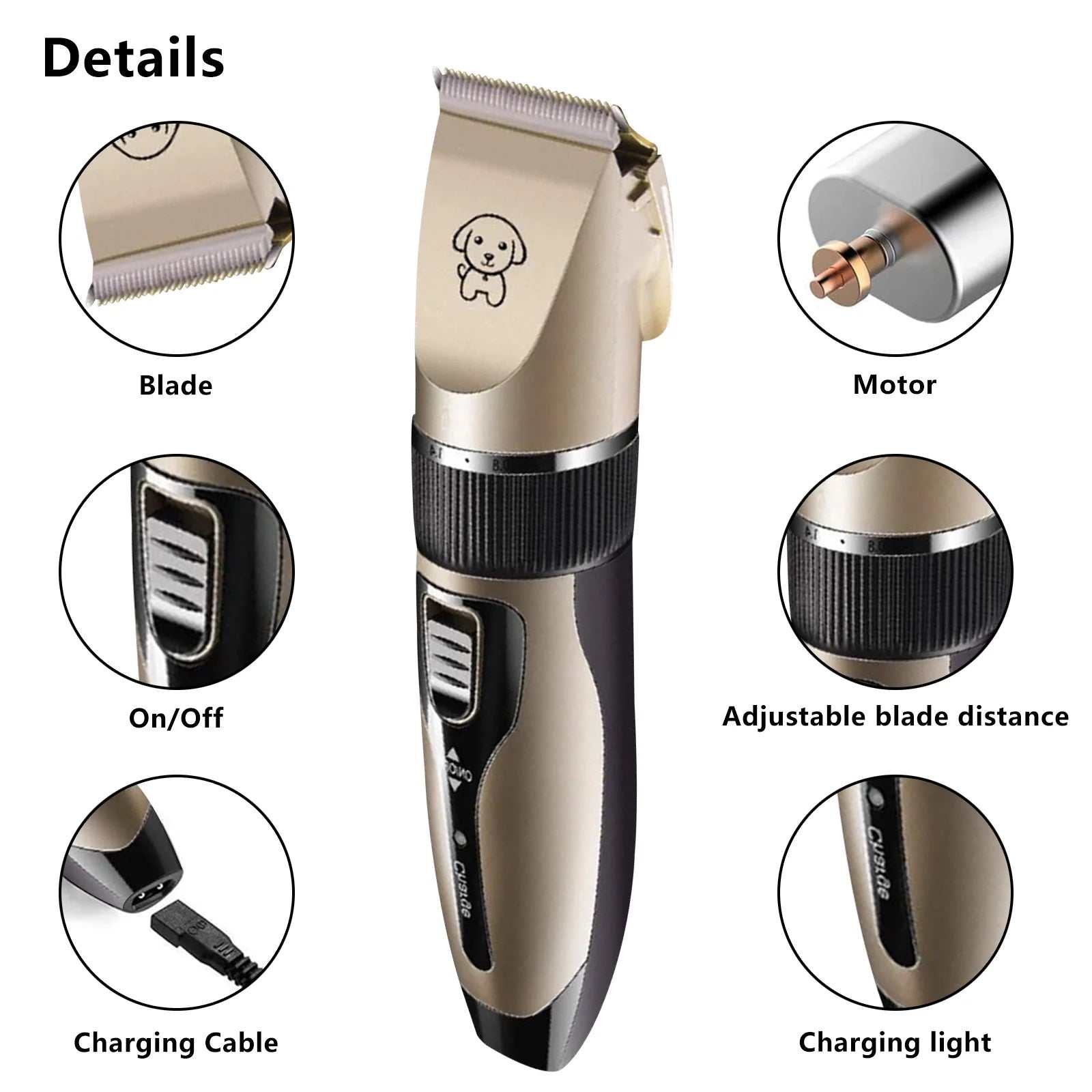 Pet grooming clipper with labeled parts on a white background