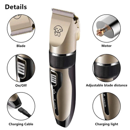 Pet grooming clipper with labeled parts on a white background