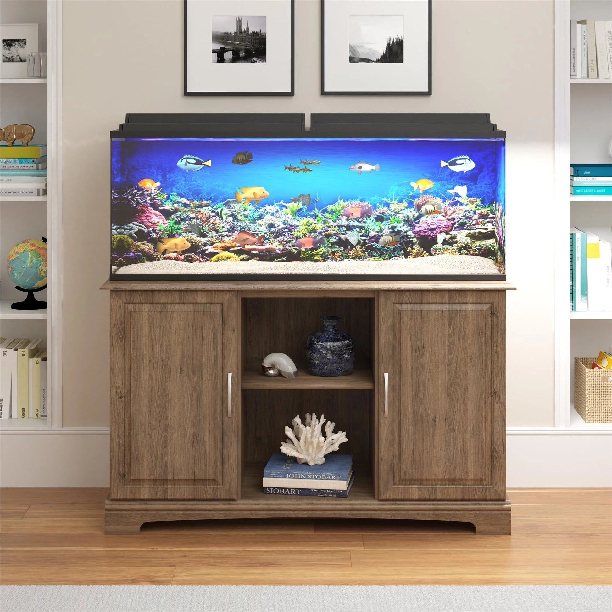 Wooden aquarium stand with a fish tank displaying aquatic life in a home setting.