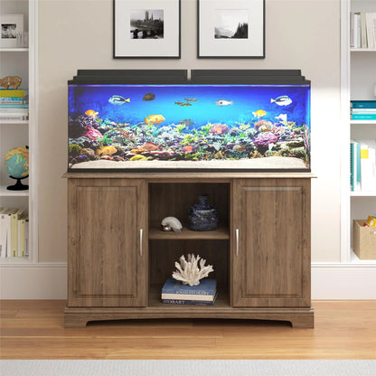 Wooden aquarium stand with a fish tank displaying aquatic life in a home setting.