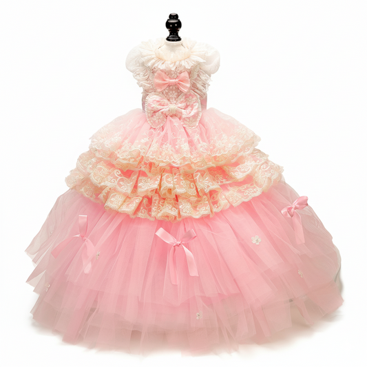 Pink tiered dress on a mannequin against a white background