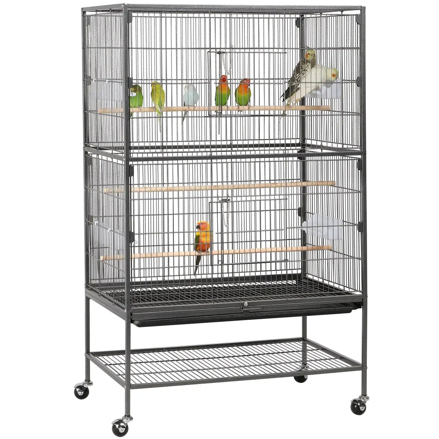 Large bird cage with multiple birds on a white background
