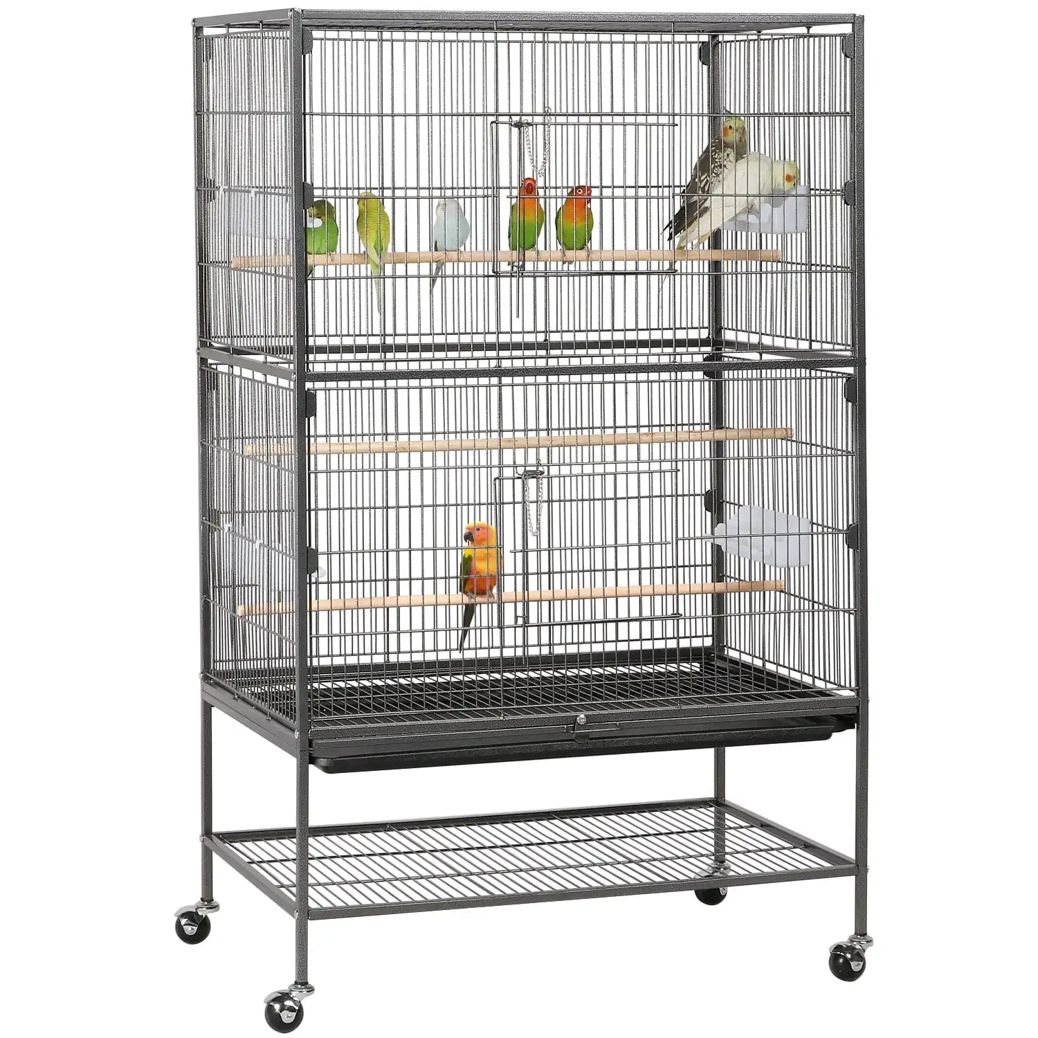 Large bird cage with multiple birds on a white background