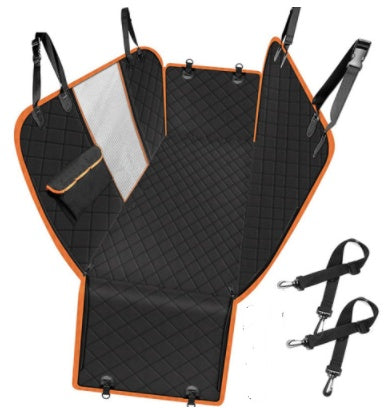 Black and orange car seat cover with straps on a white background