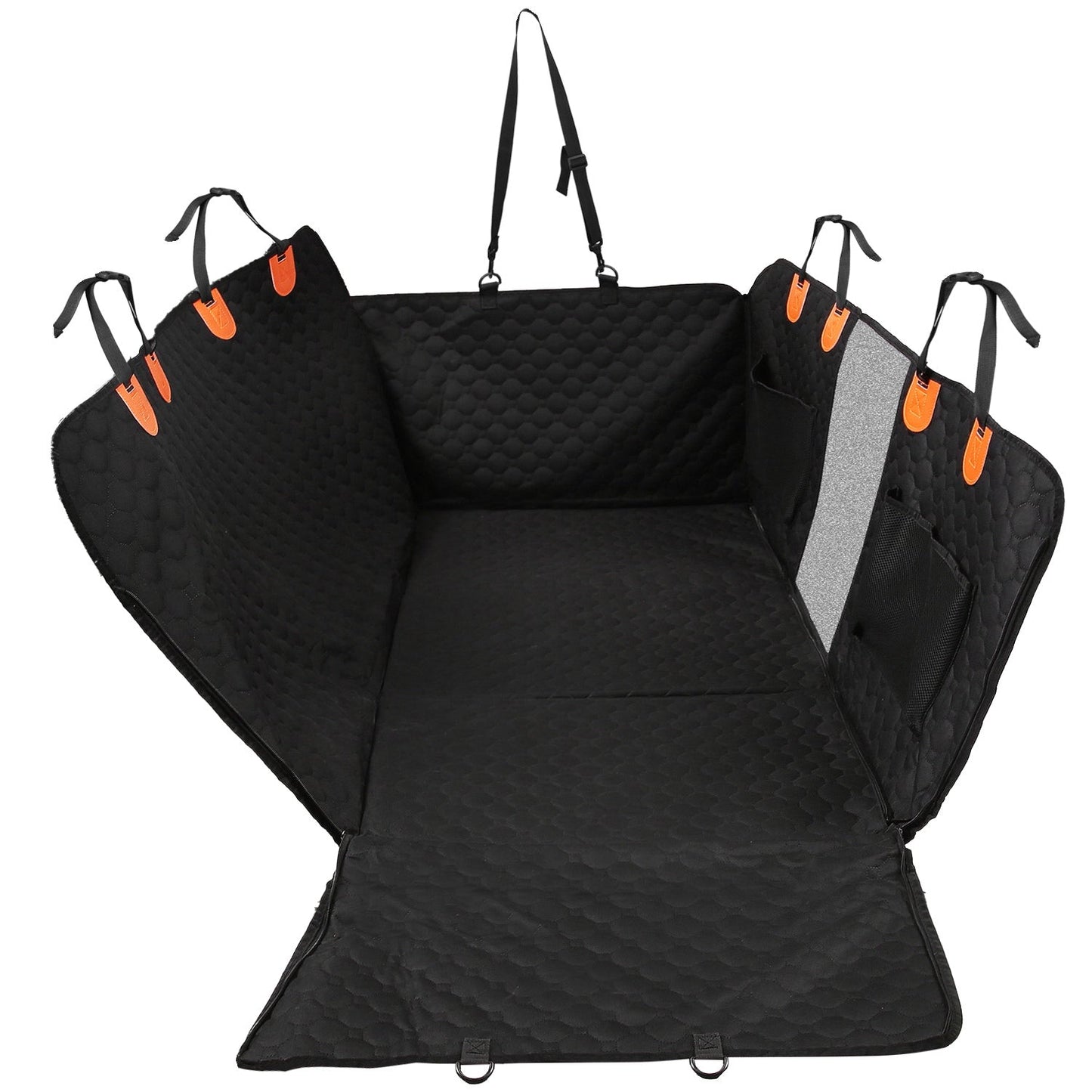 Black car seat cover with orange straps on a white background