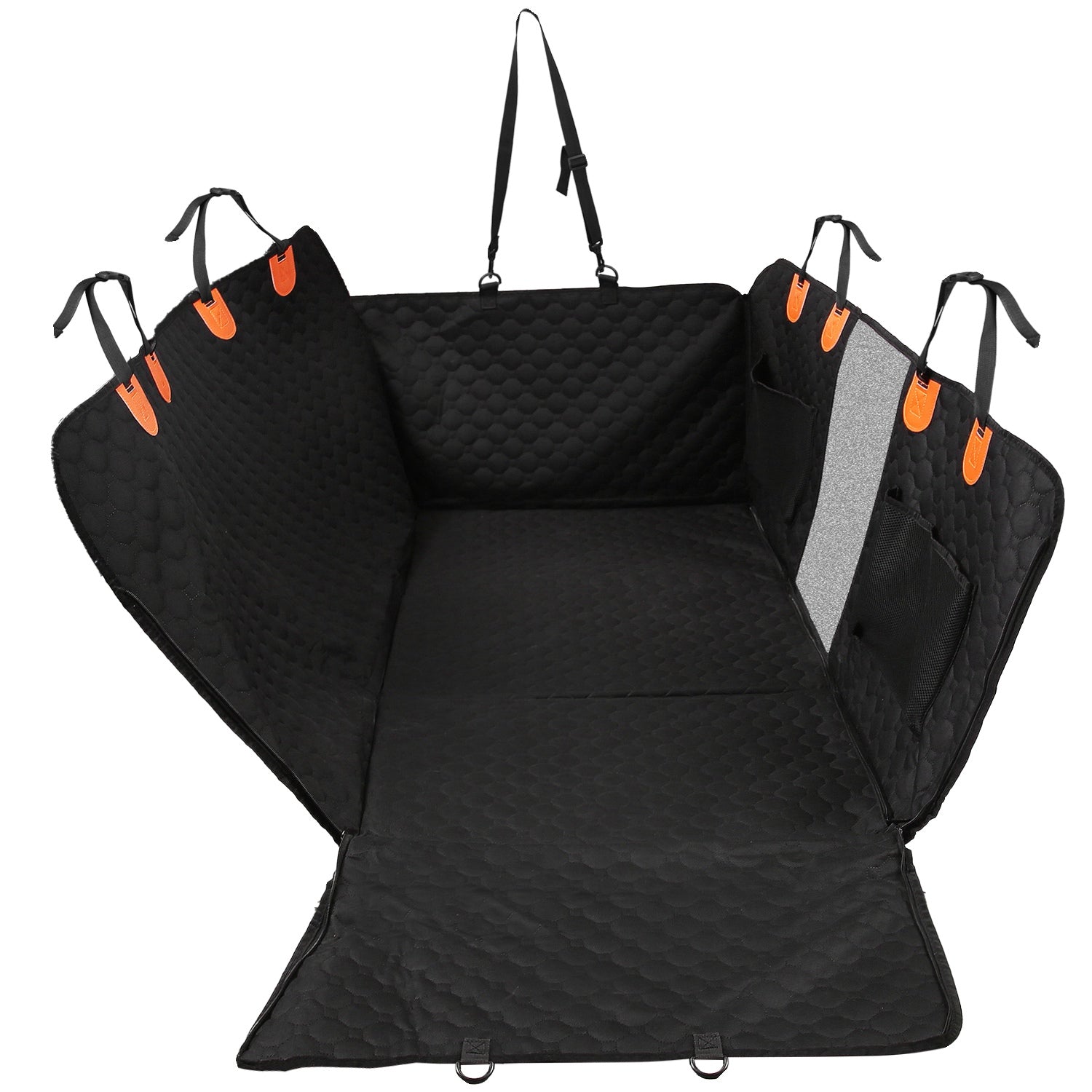 Black car seat cover with orange straps on a white background