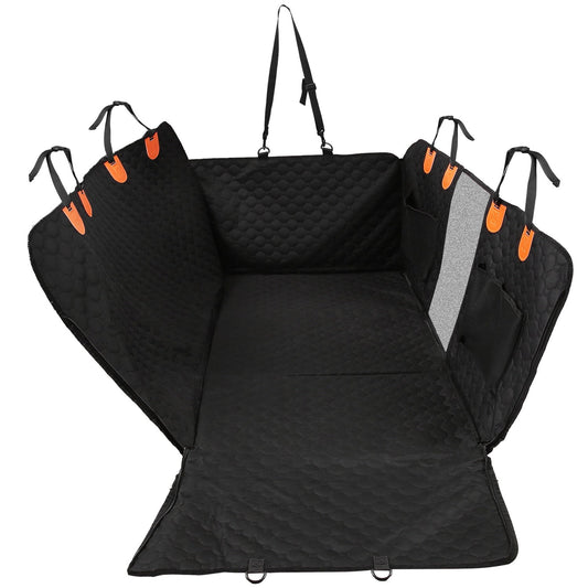 Black car seat cover with orange straps on a white background
