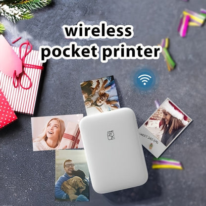 Wireless pocket printer with printed photos on a dark surface