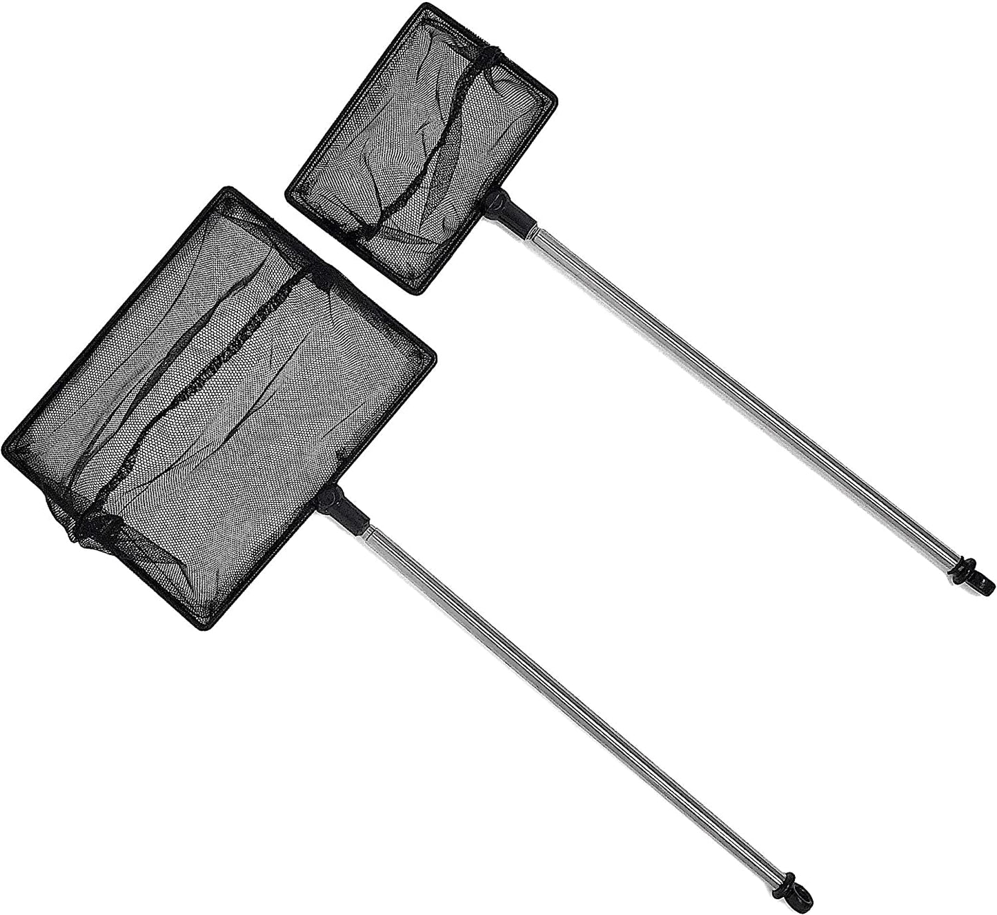 Two fishing nets with extendable handles on a white background