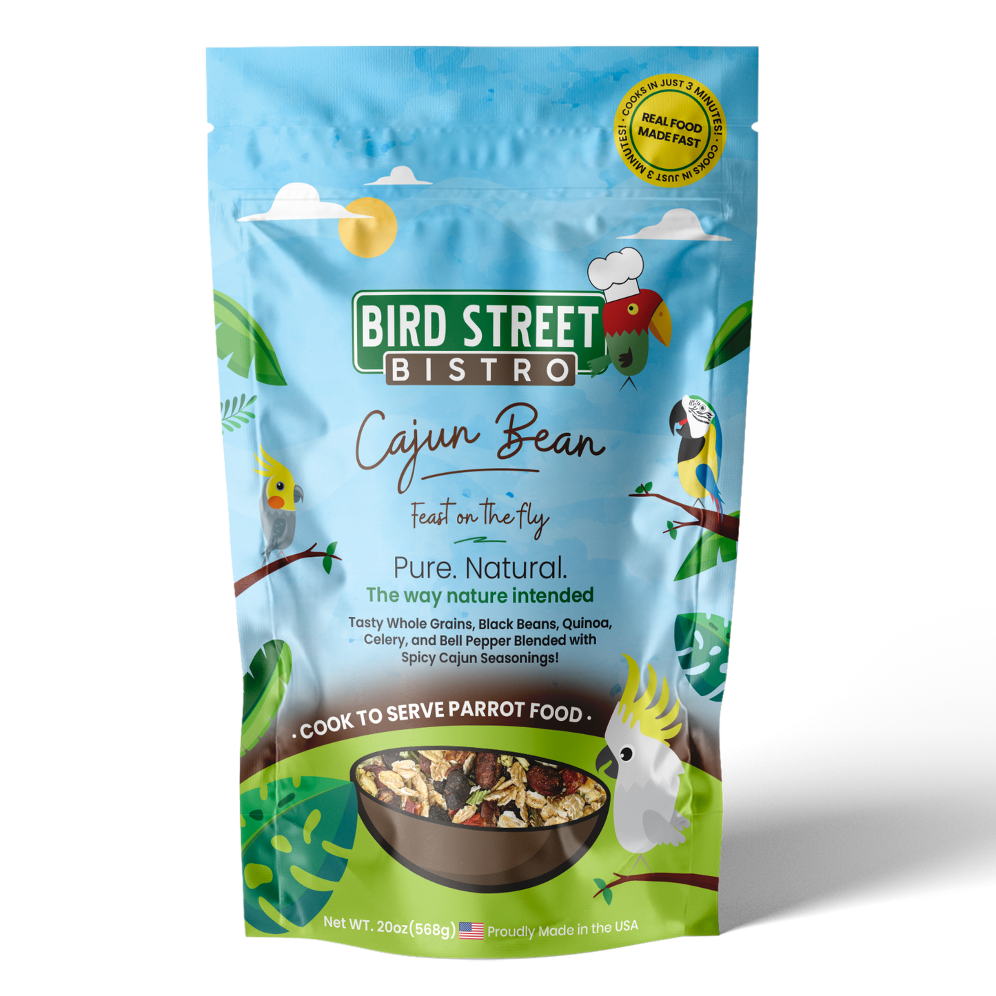 Bird Street Bistro Cajun Bean parrot food package on a white background