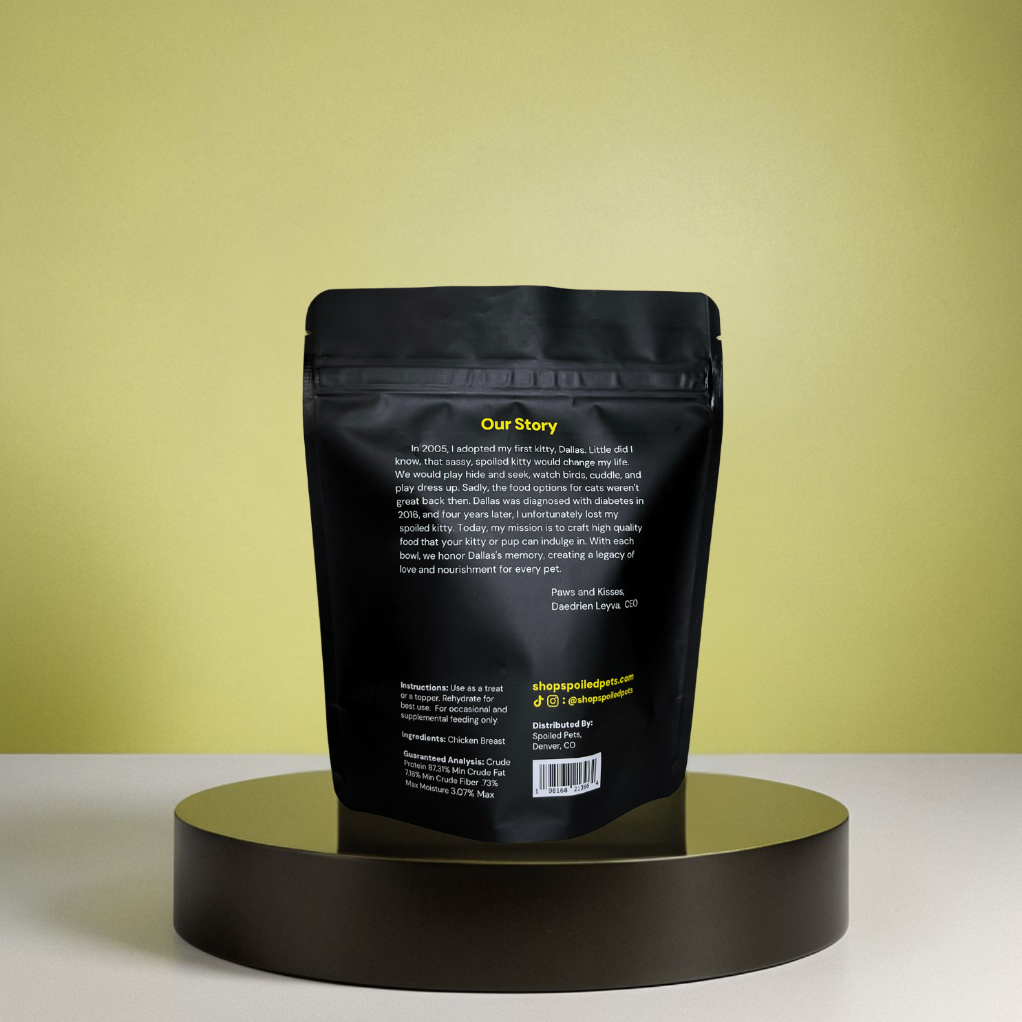Black packaging with text on a yellow background