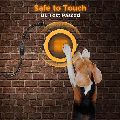 Dog paw pressing a button on a device with 'Safe to Touch' and 'UL Test Passed' text against a brick wall background.