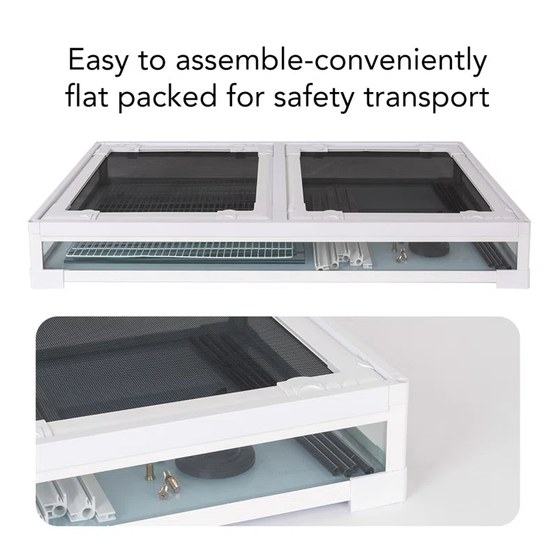 White electronic device with black screens, easily assembled and conveniently flat packed for safety transport.