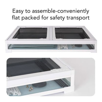 White electronic device with black screens, easily assembled and conveniently flat packed for safety transport.