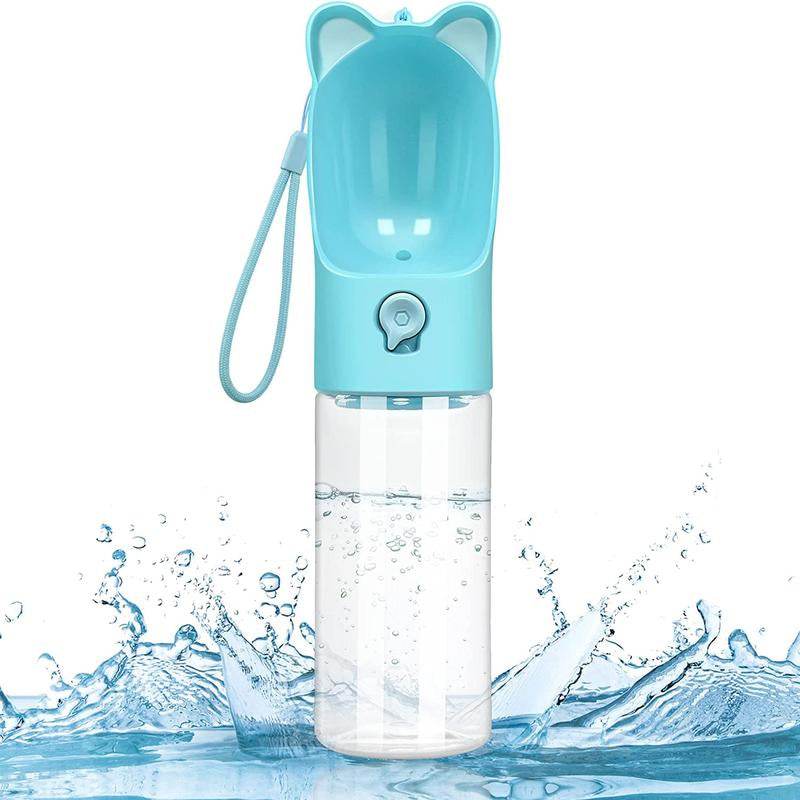 Blue water bottle with cat ears and a handle on a white background