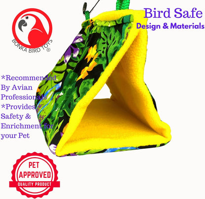 Bird-safe toy with colorful design and text about recommended use by avian professionals.