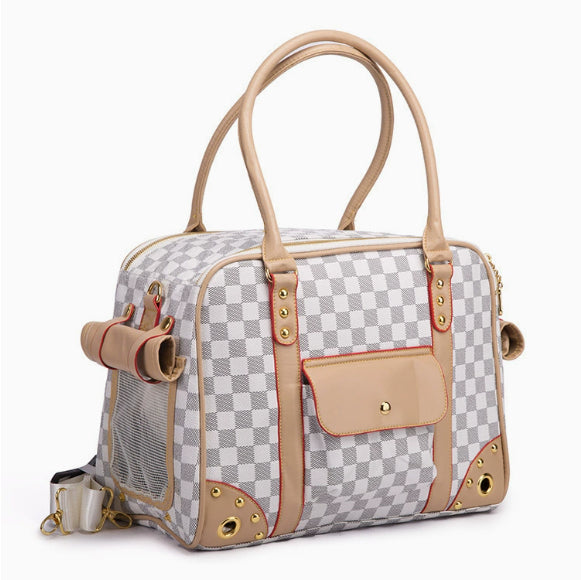 Pet carrier with checkered pattern and beige accents on a white background