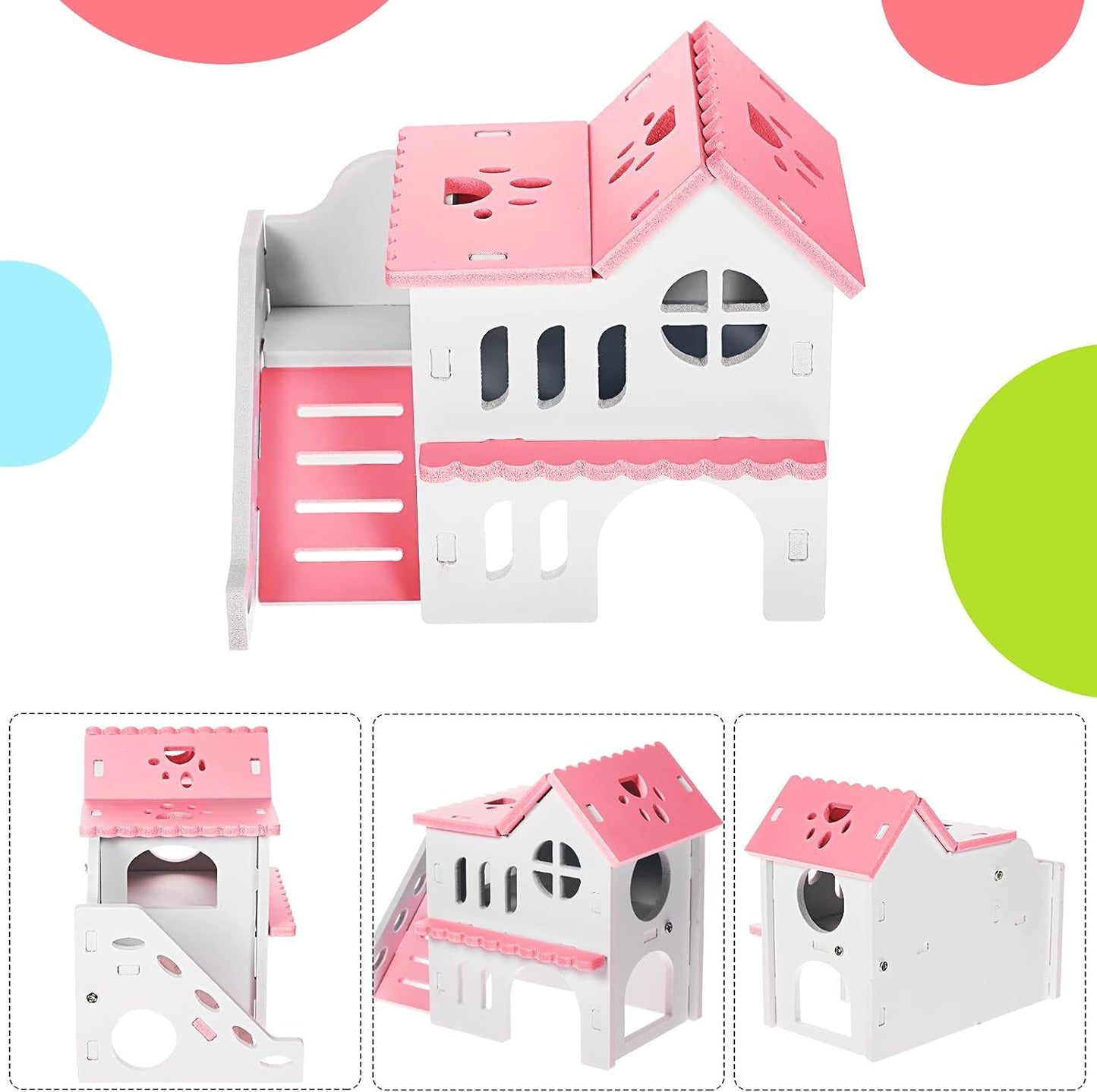 Pink and white toy house with additional angles shown on a colorful polka dot background