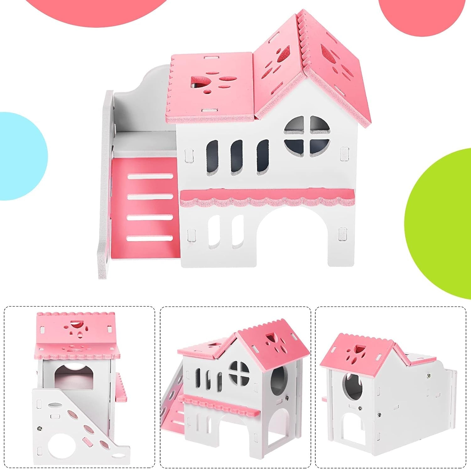 Pink and white toy house with additional angles shown on a colorful polka dot background