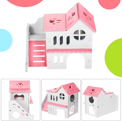 Pink and white toy house with additional angles shown on a colorful polka dot background