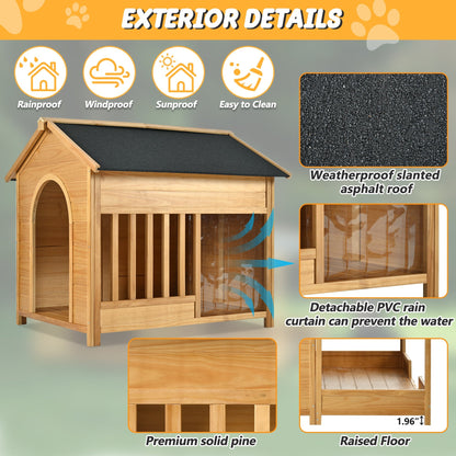Wooden pet house with features highlighted on a gray background