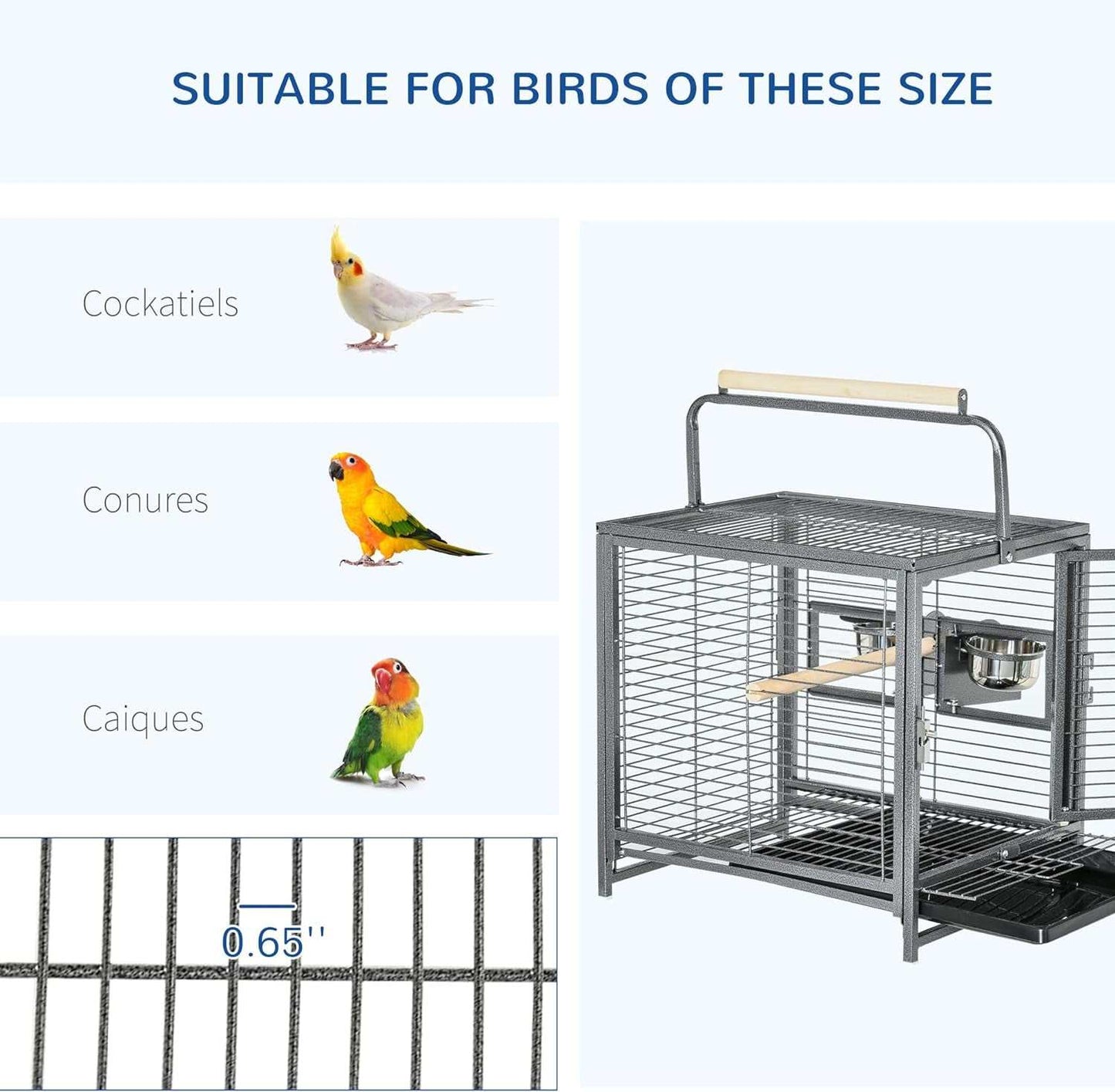 Bird cage suitable for cockatiels, conures, and caiques with size measurement.