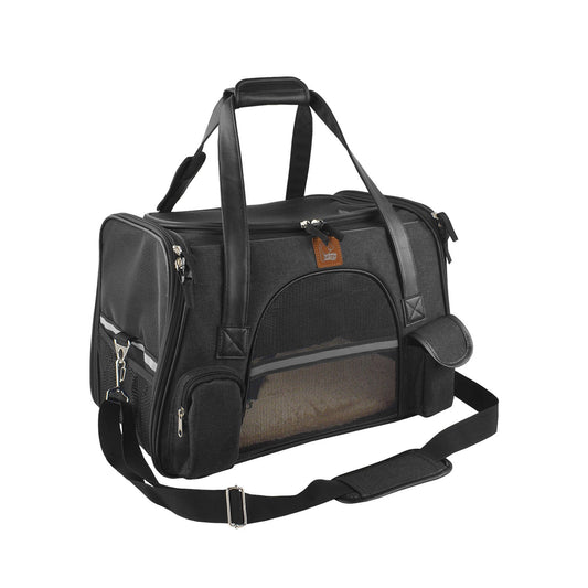 Black pet carrier with mesh side on a white background