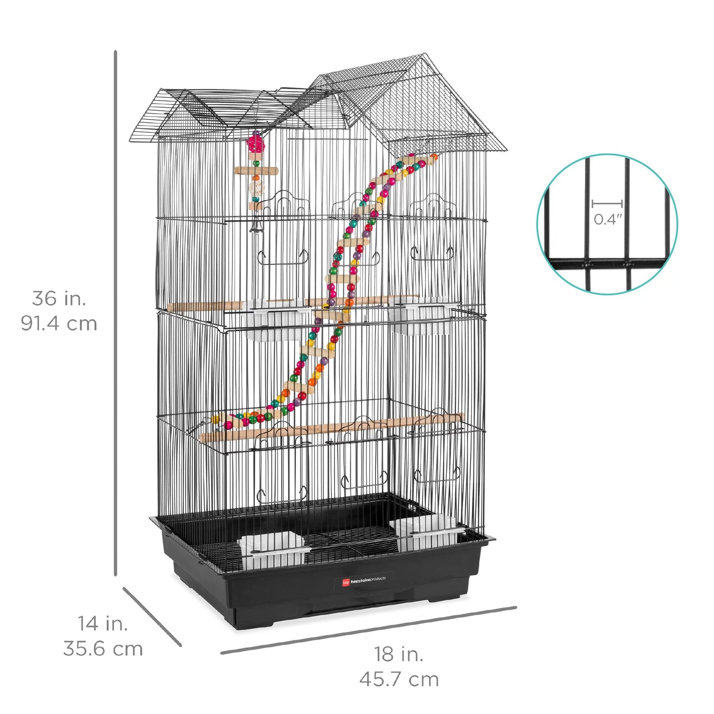 Bird cage with dimensions and a small inset showing wire gauge.