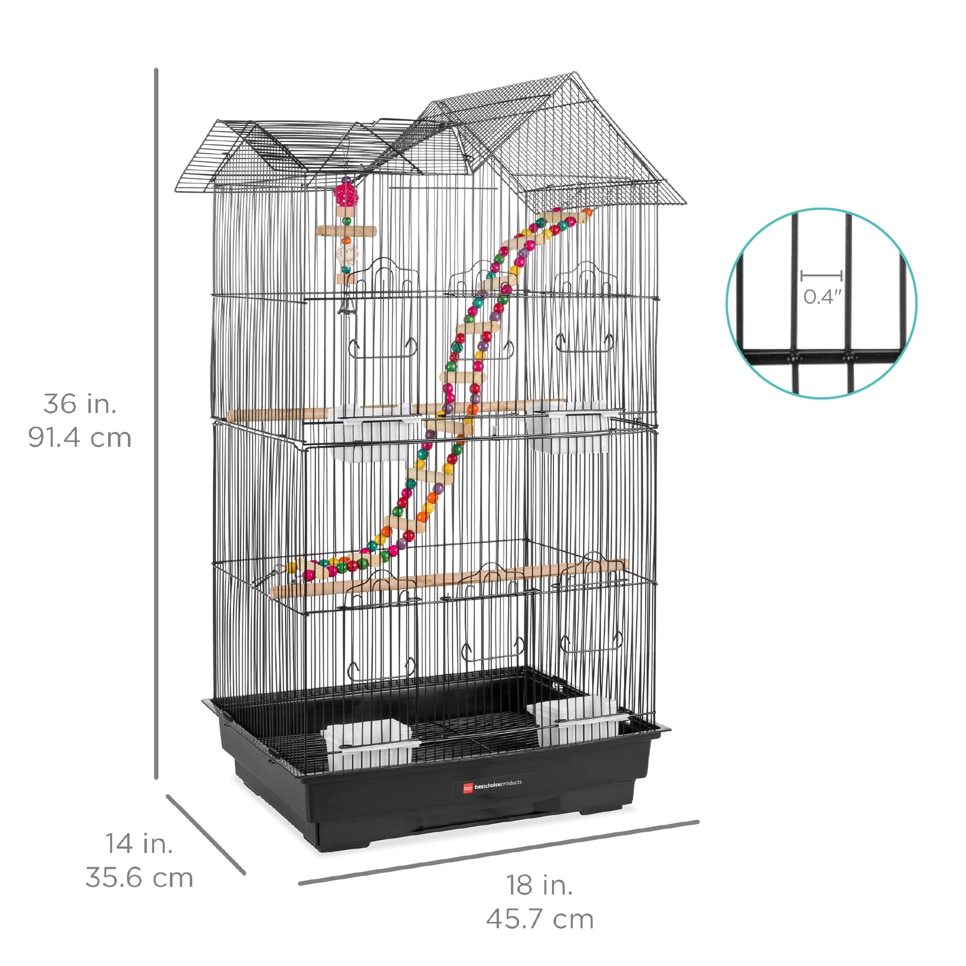 Bird cage with dimensions and a small inset showing wire gauge.