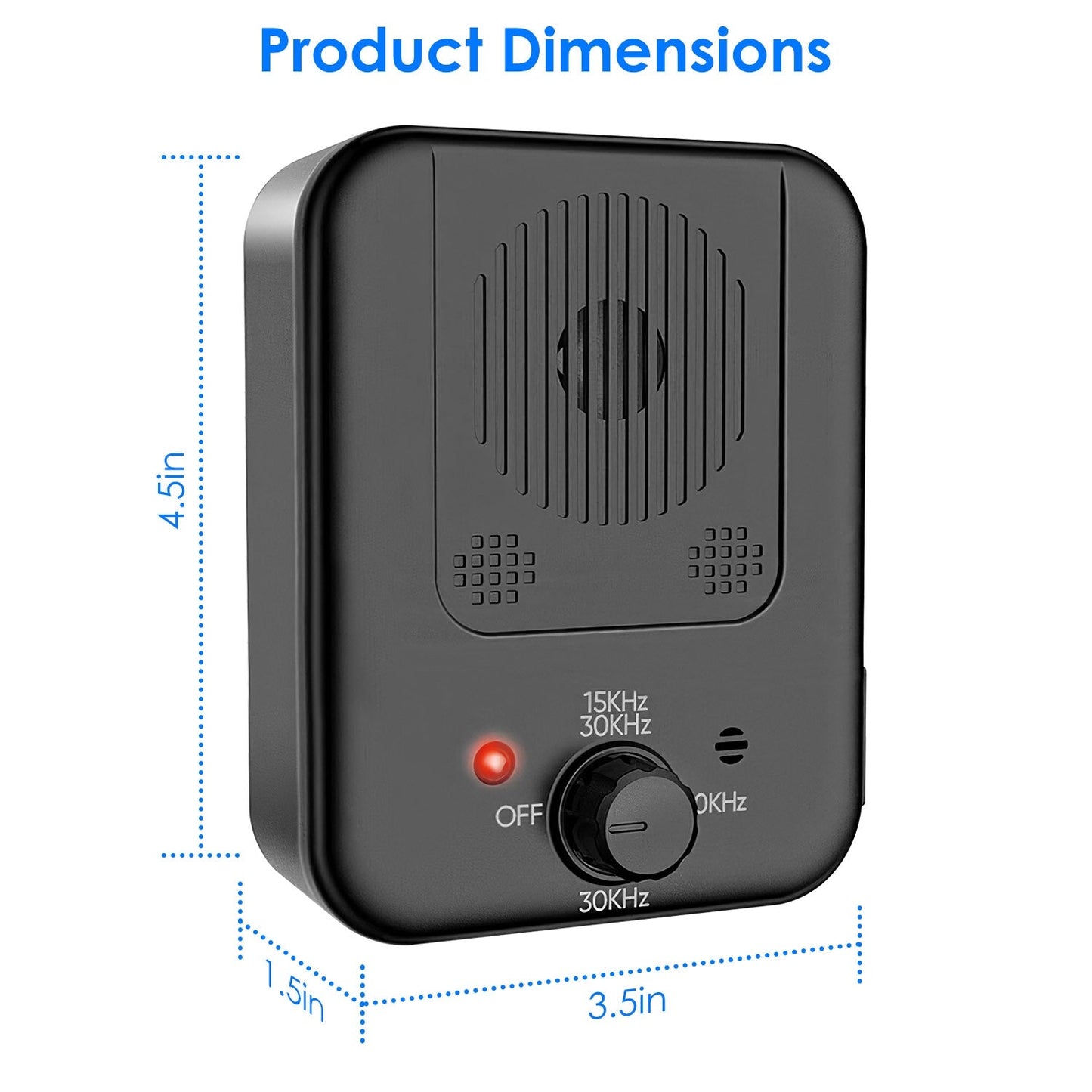Black electronic device with dimensions labeled on a white background