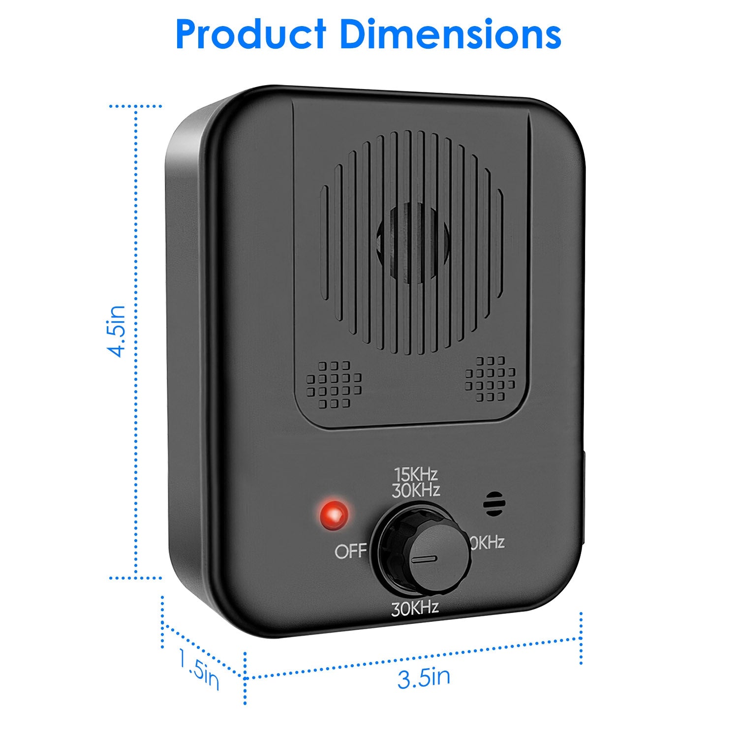 Black electronic device with dimensions labeled on a white background