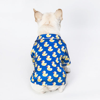 Dog wearing a blue shirt with yellow duck pattern on a white background