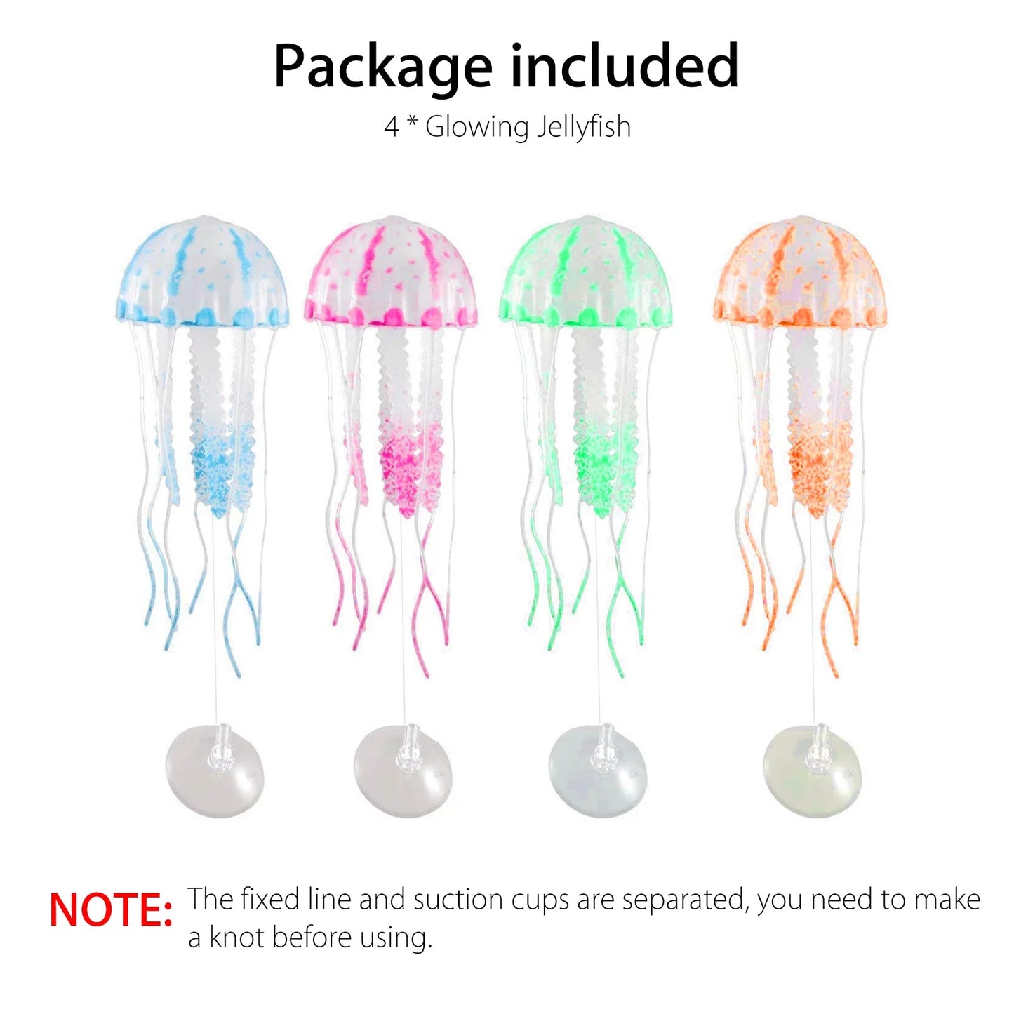 Four glowing jellyfish with different colors on a white background