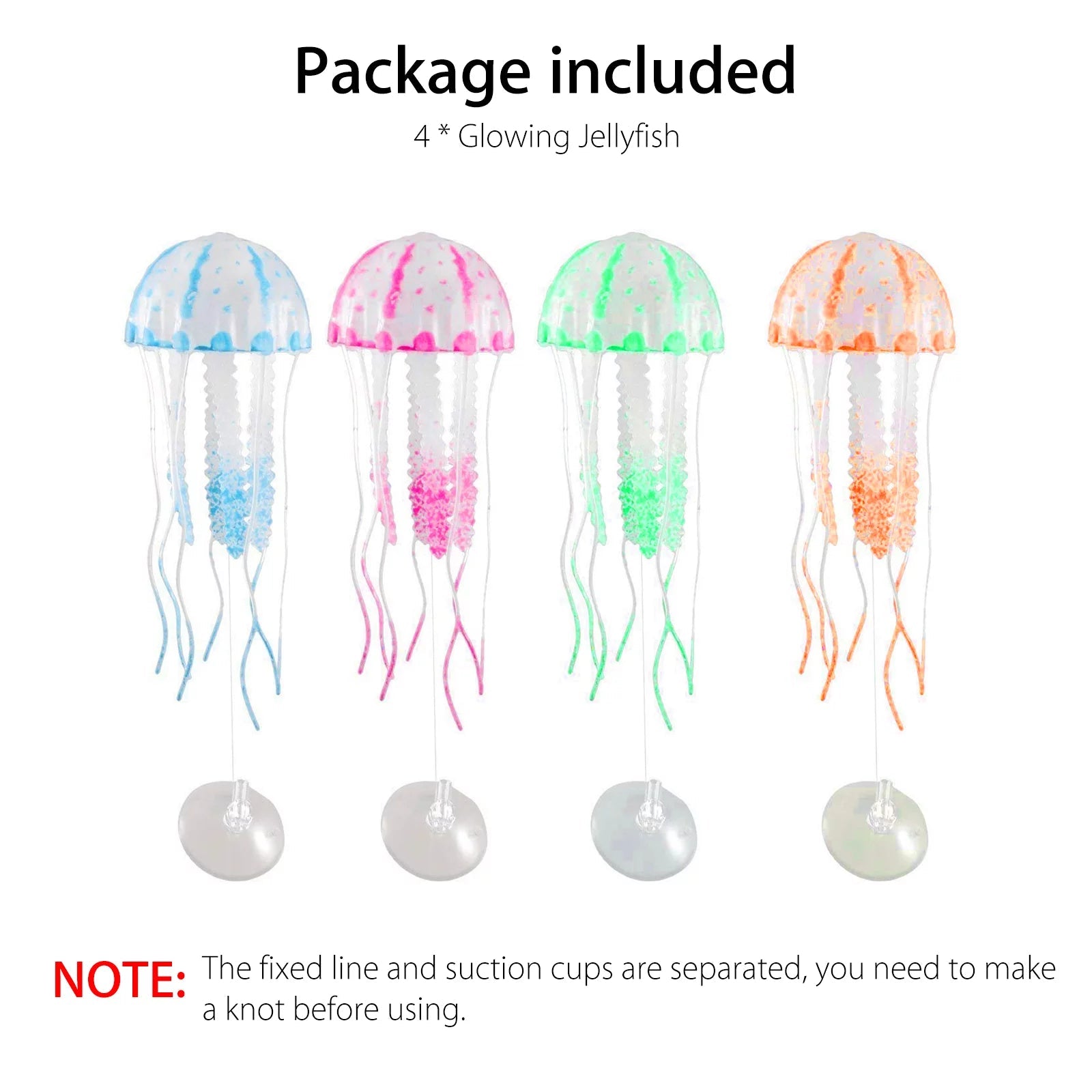 Four glowing jellyfish with different colors on a white background