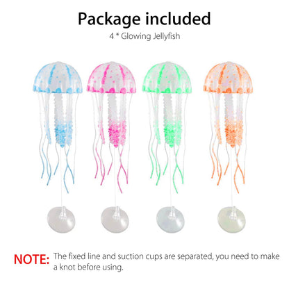 Four glowing jellyfish with different colors on a white background