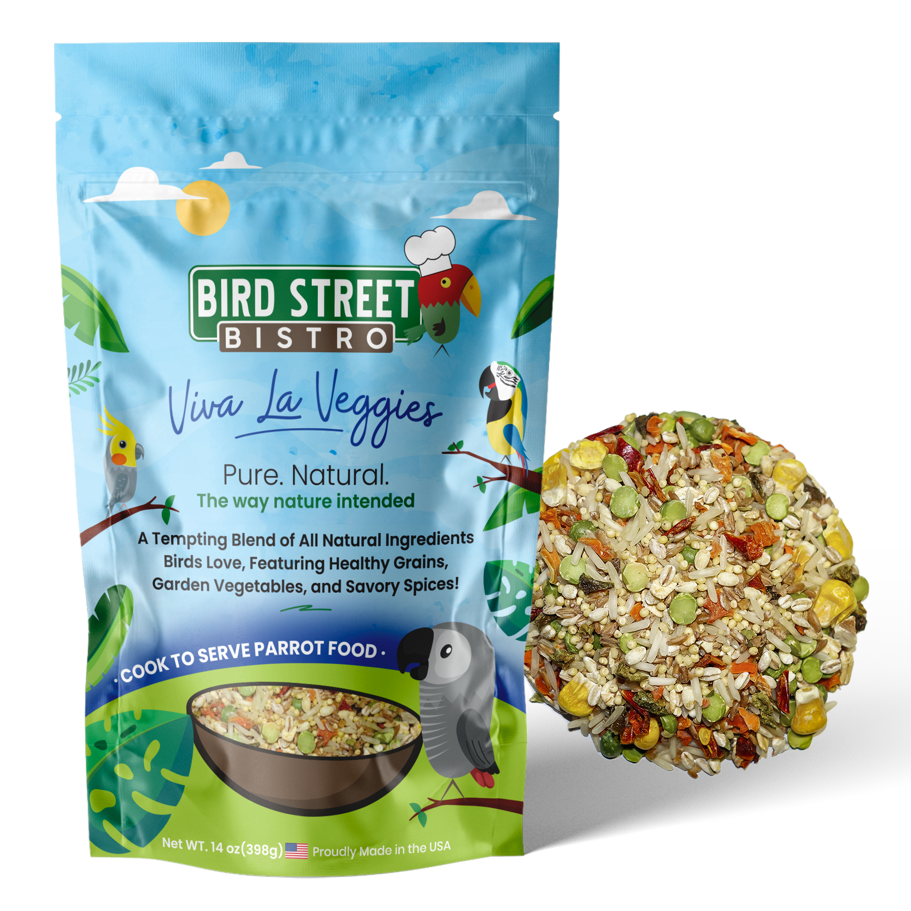 Bird Street Bistro Viva La Veggies parrot food package with a sample of the food on a white background