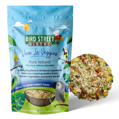 Bird Street Bistro Viva La Veggies parrot food package with a sample of the food on a white background