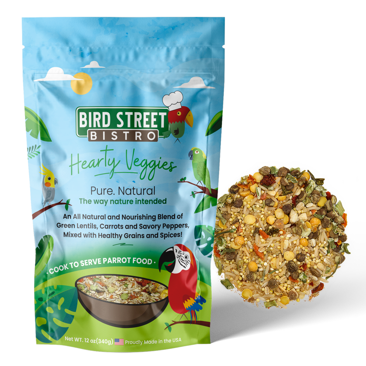 Bird Street Bistro Hearty Veggies parrot food package with a sample of the food on a white background