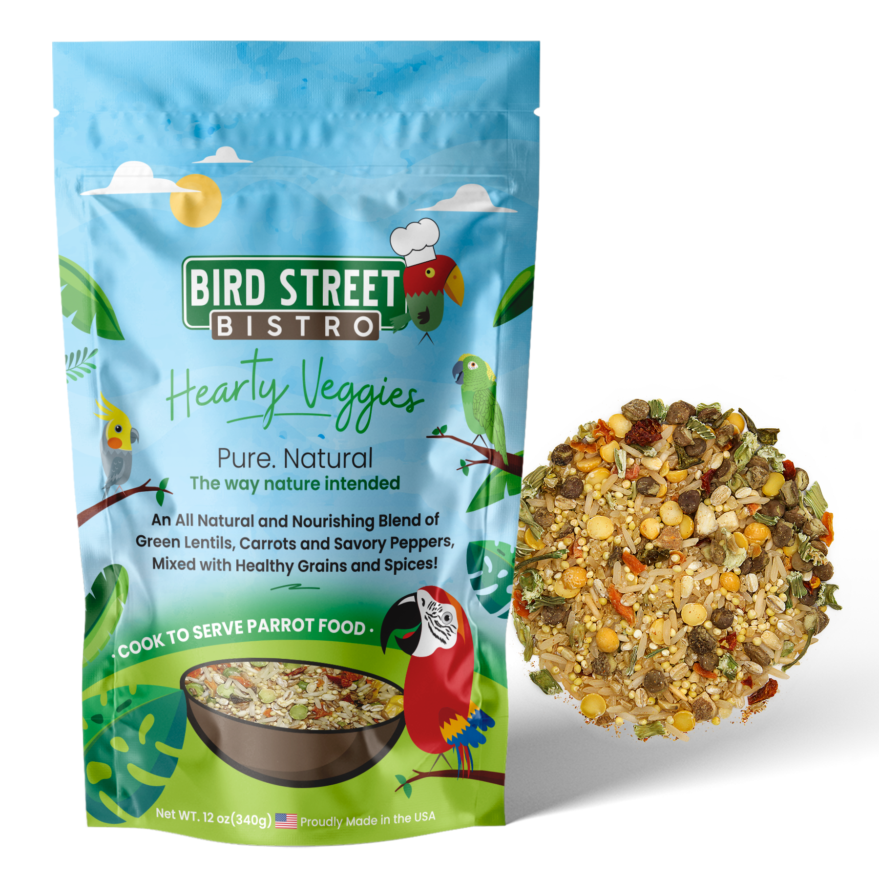 Bird Street Bistro Hearty Veggies parrot food package with a sample of the food on a white background