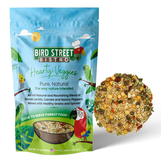 Bird Street Bistro Hearty Veggies parrot food package with a sample of the food on a white background