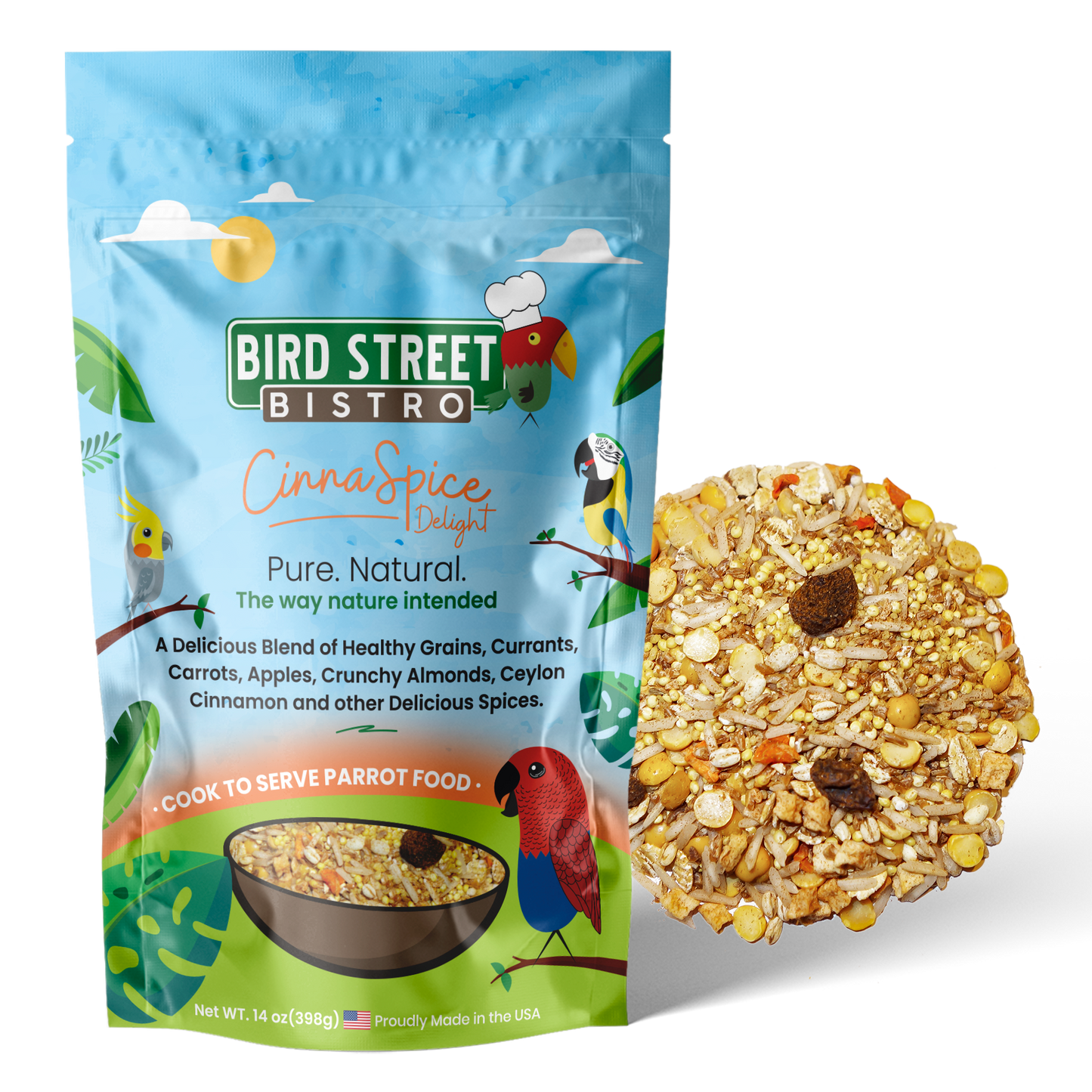 Bird Street Bistro CinnnSpice Delight parrot food package with a sample of the food on a white background
