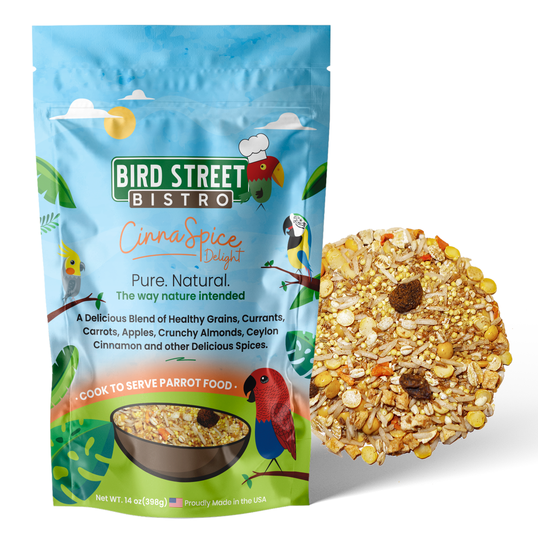 Bird Street Bistro CinnnSpice Delight parrot food package with a sample of the food on a white background