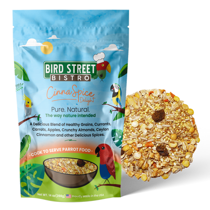 Bird Street Bistro CinnnSpice Delight parrot food package with a sample of the food on a white background