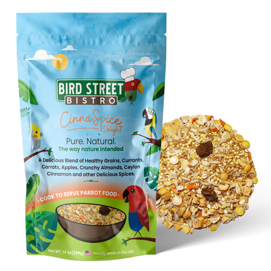 Bird Street Bistro CinnnSpice Delight parrot food package with a sample of the food on a white background