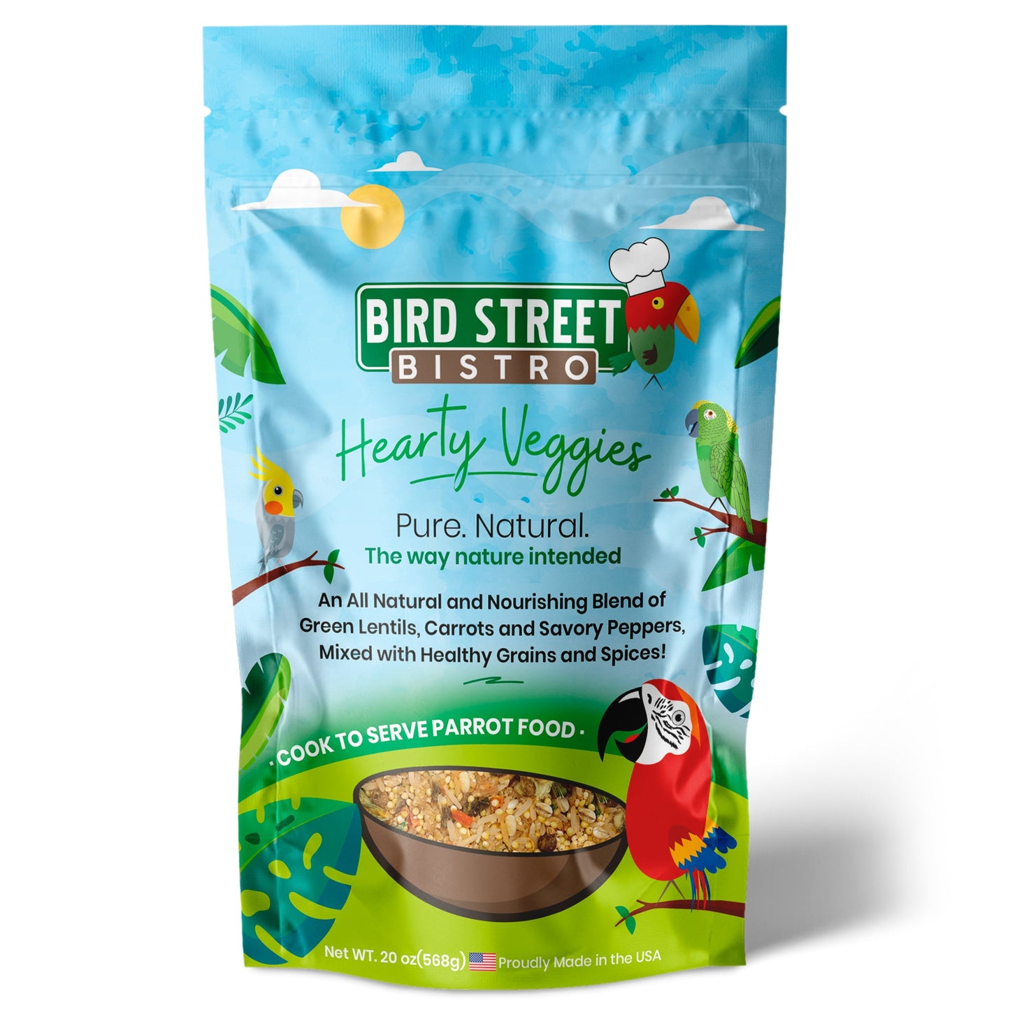 Bird Street Bistro Hearty Veggies parrot food package on a white background