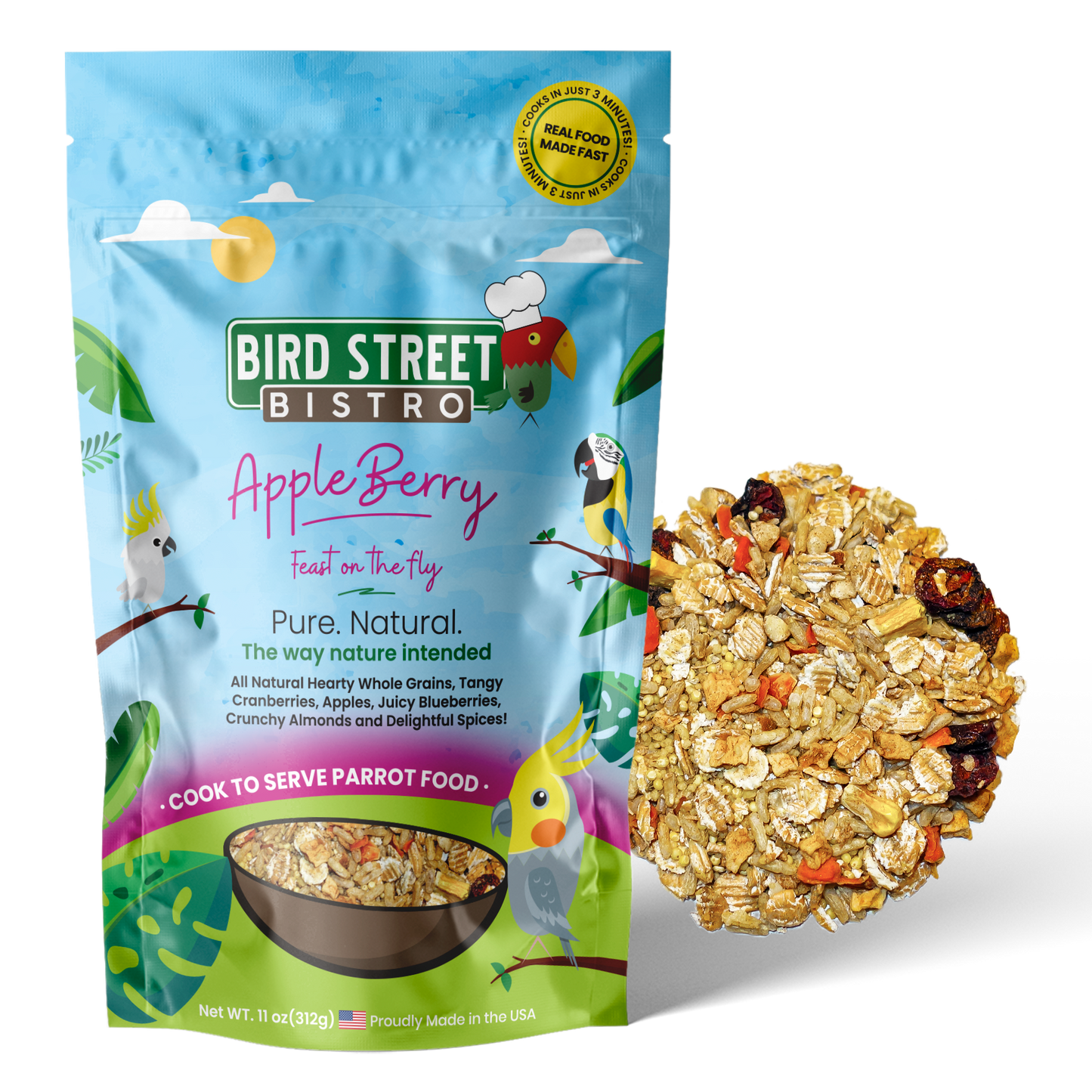 Bird Street Bistro Apple Berry bird food package with a close-up of the product on a white background